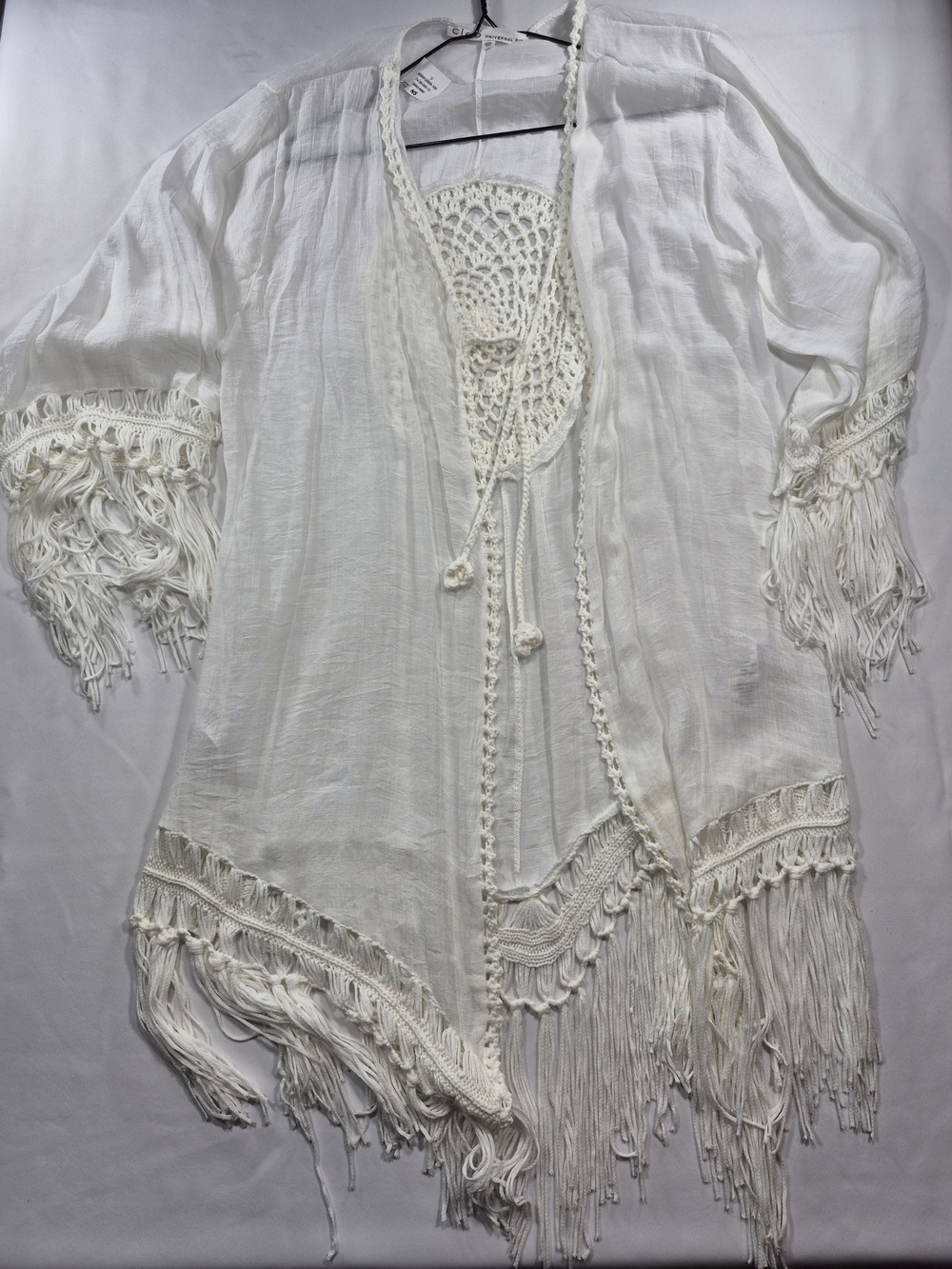 Cleo White Crochet Fringe Kimono Front Tie Cover Up